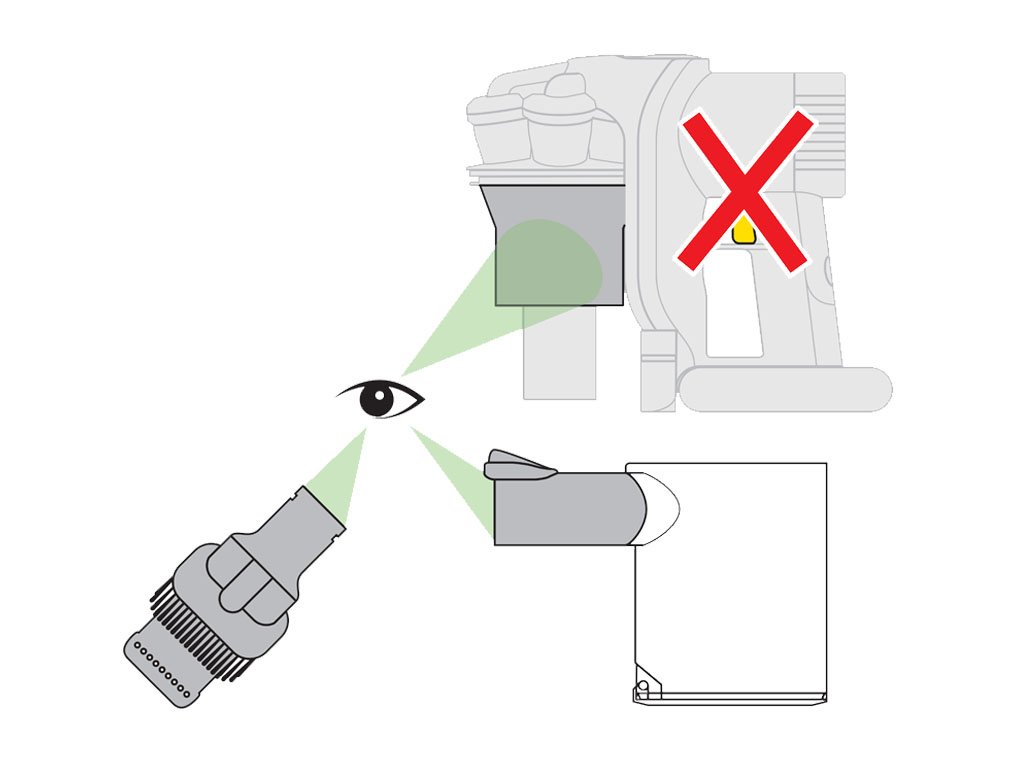 Image montrant comment vérifier que le collecteur, le cyclone et l’accessoire ne sont pas bouchés.